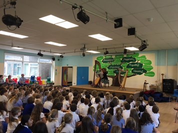 Another photo of primary school pupils sat facing away from the camera as they watch harpist Natasha Gale perform on stage